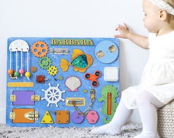 busy board activity wall for play 1 2 3 4 year old child montessory metod education game gift for baby  wooden toy with personalization