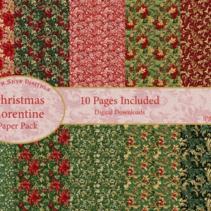Beau papier florentin de Noël imprimable, téléchargement numérique, 12 "x 12", 300 dpi, pour les journaux indésirables, scrapbooking, images d'arrière-plan