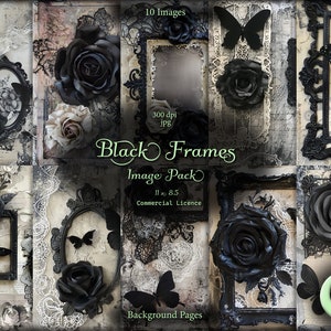Puede incluir: Un collage digital de 10 marcos negros con detalles ornamentados, con rosas negras, mariposas y patrones de encaje. Los marcos están colocados sobre un fondo de papel envejecido y texturas. El texto "Black Frames Image Pack" se muestra en el centro del collage.