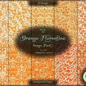 May include: A digital download pack of 10 orange and white floral patterned background images. The images are 300 dpi and 11x8.5 inches. The pack is called "Orange Florentine Image Pack" and includes a commercial license.