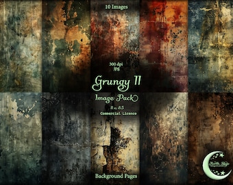 May include: A set of 10 digital grunge background images in a collage format. The images are high resolution, 300 dpi, and are 11 inches by 8.5 inches. The images are a mix of brown, green, and red colors with a distressed, textured look.