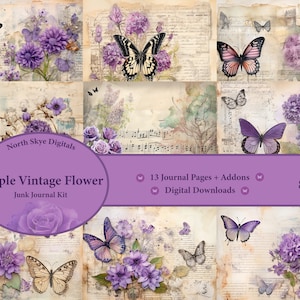 Junk Journal, Kit, flores roxas, borboletas, vintage, para impressão, etiquetas, bolsos, downloads digitais