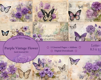 Könnte beinhalten: Purple Vintage Flower Junk Journal Kit mit 13 Journalseiten und Extras. Digitale Downloads. Briefformat, 8,5 x 11 Zoll. Das Kit enthält eine Collage aus Vintage-Papier mit lila Blumen und Schmetterlingen.