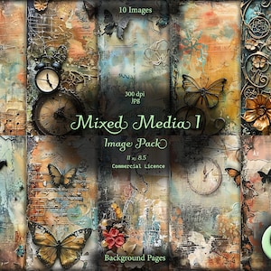 Può includere: Un collage di 10 sfondi di carta digitale in stile mixed media con farfalle, orologi ed elementi floreali. I fogli sono di dimensioni 11 x 8,5 pollici e 300 dpi. Il pacchetto di immagini include una licenza commerciale.