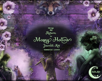 May include: Purple and green digital art collage with a fairy playing a flute, a fox, and a woman with curly hair. The text "Return to Mossy Hollow Journal Kit Commercial Licence" is in the center of the image.