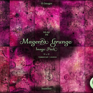 May include: A digital paper pack with 10 seamless magenta grunge textures. The textures feature a steampunk theme with gears and clock faces. The pack is 300 dpi and 12 inches by 12 inches.