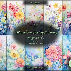 Watercolor Spring Flowers, Background Images, Digital Paper, Instant Download, Commercial Use