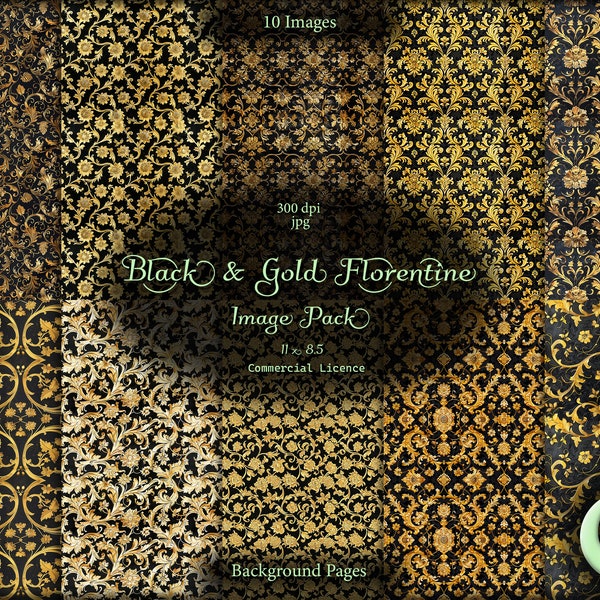 Black and Gold Florentine, Digital Junk Journal, Image Pack, Background Images, Digital Paper, Instant Download, Commercial Use