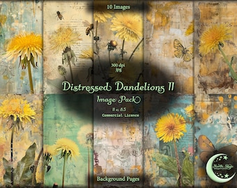 Distressed Dandelions 2, Digital Junk Journal, Image Pack, Digital Paper, Instant Download, Commercial Use