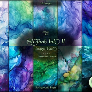 Op de afbeelding: Een set van 10 digitale achtergrondafbeeldingen met abstracte alcohol-inktontwerpen in tinten blauw, groen, paars en wit. De afbeeldingen zijn 300 dpi en zijn 11 inch bij 8,5 inch. De afbeeldingen zijn voor commercieel gebruik.