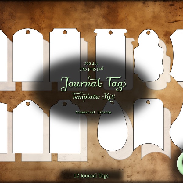 24 Junk journal tag templates, 12 unique designs, available in outline only and Inner shadow, jpg, png, psd, journal template