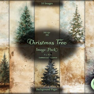 May include: A digital collage pack of 10 images featuring vintage-style backgrounds with Christmas trees. The images are 300 dpi and 11x8.5 inches, and are for commercial use.