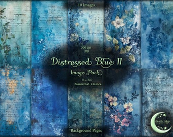 May include: A digital collage image pack of 10 distressed blue background pages with floral and musical note designs. The image pack is 11 inches by 8.5 inches and 300 dpi. The text "Distressed Blue II" is in the center of the image.