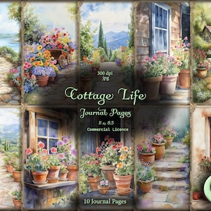 May include: A collection of watercolour illustrations depicting cottage scenes with stone paths, flower pots, and houses. The text reads "Cottage Life Journal Pages". The images are 11 x 8.5 inches and include a commercial licence.