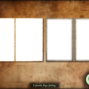 May include: Two sets of blank journal pages with a brown aged paper background. The text "8 Journal Page Overlay" is at the bottom of the image. A logo with the text "North Skye Designs" is in the bottom right corner.
