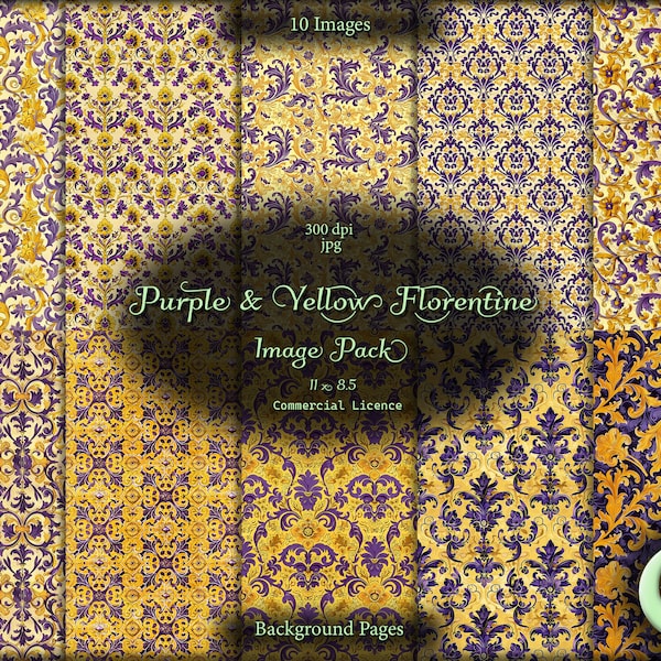 Purple and Yellow Florentine, Digital Junk Journal, Image Pack, Background Images, Digital Paper, Instant Download, Commercial Use