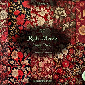 May include: A digital collage of 10 red, gold, and black floral patterns. The patterns are inspired by the work of William Morris. The text "Red Morris Image Pack" is in the center of the collage.