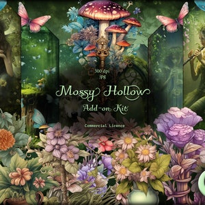 Mossy Hollow, Fairy Junk-dagboek kieskeurig gesneden uitbreidingskit, Junk Journal-set, kortstondige bos, paddestoelen kortstondig