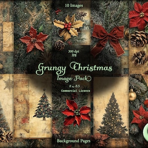 Grungy Christmas, Digital Junk Journal, Image Pack, Cyfrowy papier, Natychmiastowe pobieranie, Wykorzystanie komercyjne
