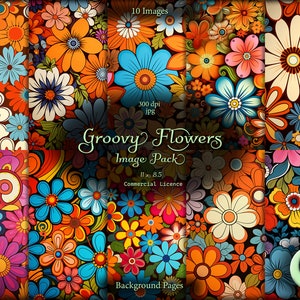 May include: A set of 10 digital paper backgrounds featuring groovy, psychedelic flowers in a variety of colors, including blue, orange, yellow, pink, and green. The flowers are arranged in a repeating pattern on a dark brown background. The text "Groovy Flowers Image Pack" is displayed in a green font.