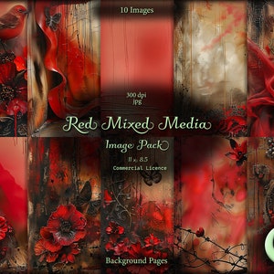 May include: A collage of 10 digital images featuring red mixed media artwork. The images include red flowers, birds, butterflies, and abstract designs. The text "Red Mixed Media Image Pack" is displayed in the center of the collage.
