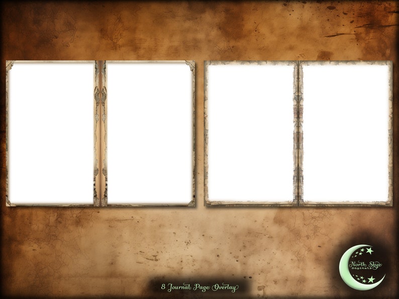 May include: Two vintage-style journal page overlays with ornate frames. The overlays are blank and ready to be filled with your own writing or artwork.  The text at the bottom of the image reads "8 Journal Page Overlay".
