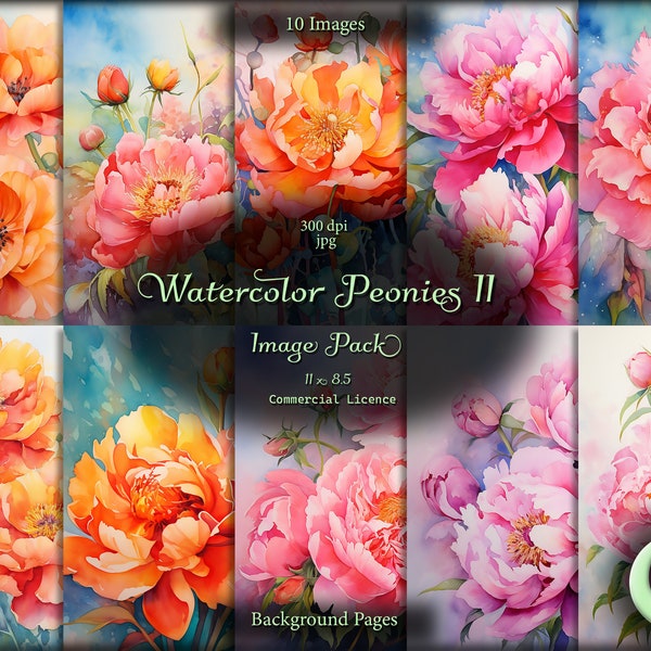 Watercolor Peonies 2, Digital Paper, Background Images, Commercial Use