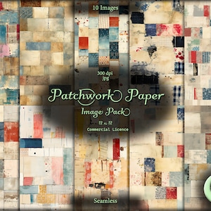 Op de afbeelding: Een digitaal papierpakket met 10 naadloze patchworkpatronen in verschillende kleuren, waaronder rood, blauw, geel en bruin. De patronen zijn 12 inch bij 12 inch en 300 dpi. De tekst "Patchwork Paper Image Pack" staat in het midden van de afbeelding.