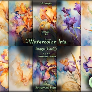 May include: A digital collage of ten watercolor paintings of iris flowers in shades of purple, yellow, and orange. The images are arranged in a grid pattern and are labeled "Watercolor Iris Image Pack".