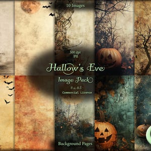 Puede incluir: Un paquete de imágenes digitales de 10 páginas de fondo con temática de Halloween. Las páginas presentan una variedad de texturas y colores, incluyendo marrón, naranja, verde y azul. Algunas páginas presentan imágenes espeluznantes, como murciélagos, calabazas y una luna. El texto "Hallow's Eve Image Pack" se muestra en la página.