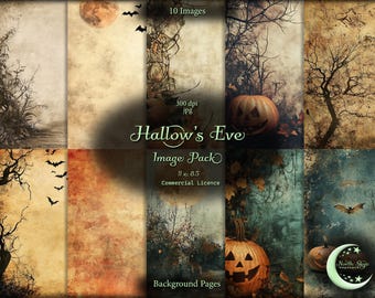 May include: A digital image pack of 10 Halloween themed background pages. The pages feature a variety of textures and colors, including brown, orange, green, and blue. Some pages feature spooky images, such as bats, pumpkins, and a moon. The text "Hallow's Eve Image Pack" is displayed on the page.