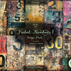 Vervaagde nummers 1, Digital Junk Journal, Image Pack, Digitaal papier, Instant download, Commercieel gebruik