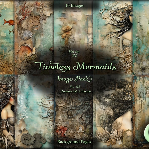 Timeless Mermaids, Digital Junk Journal, Image Pack, Digital Paper, Background Images, Instant Download, Commercial Use