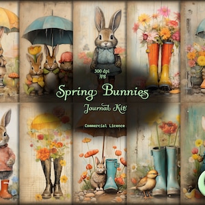 May include: A digital collage kit featuring spring bunnies, umbrellas, rain boots, and flowers. The kit includes 300 dpi JPG images and is for commercial use.