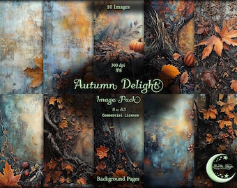 May include: A digital collage of 10 autumn-themed background images. The images feature a variety of textures, including wood, leaves, and bark. The colors are warm and inviting, with shades of brown, orange, and yellow. The images are perfect for use in digital scrapbooking, card making, and other creative projects. The text "Autumn Delight Image Pack" is included in the image.