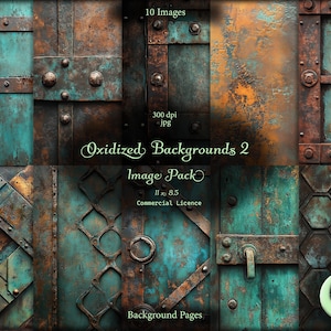 Könnte beinhalten: Ein digitaler Download von 10 hochauflösenden Bildern mit rostigen Metalltexturen in den Farben Türkis, Braun und Orange. Die Bilder haben eine Auflösung von 300 dpi und sind 11 Zoll mal 8,5 Zoll groß. Die Bilder sind mit "Oxidized Backgrounds 2 Image Pack" gekennzeichnet und für kommerzielle Zwecke bestimmt.