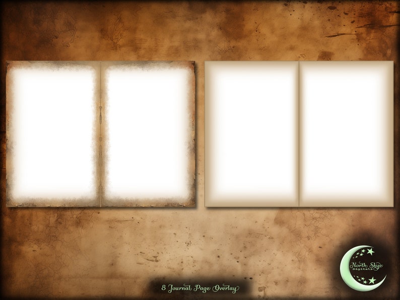 May include: Two blank journal pages with a brown, textured background. The pages are open and ready for writing or drawing. The text "8 Journal Page Overlay" is at the bottom of the image.