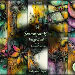 Könnte beinhalten: Ein digitales Collage-Bildpaket mit 10 Bildern mit Steampunk-, Blumen- und abstrakten Designs in Grün-, Lila-, Gelb- und Orangetönen. Die Bilder sind 300 dpi und 11x8,5 Zoll groß. Der Text "Steampunk 1 Image Pack" befindet sich in der Mitte des Bildes.