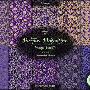 May include: A digital paper pack with 10 images of a purple and gold floral pattern. The images are 300 dpi and are 8.5 inches in size. The pack is for commercial use.