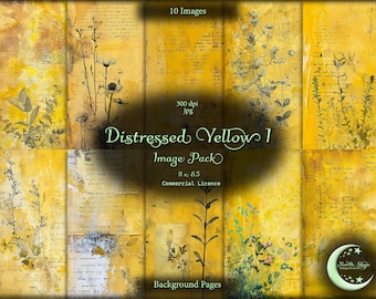 May include: A digital collage image pack with 10 distressed yellow background pages featuring floral elements and handwritten text. The image pack is 11 inches by 8.5 inches and has a commercial license.