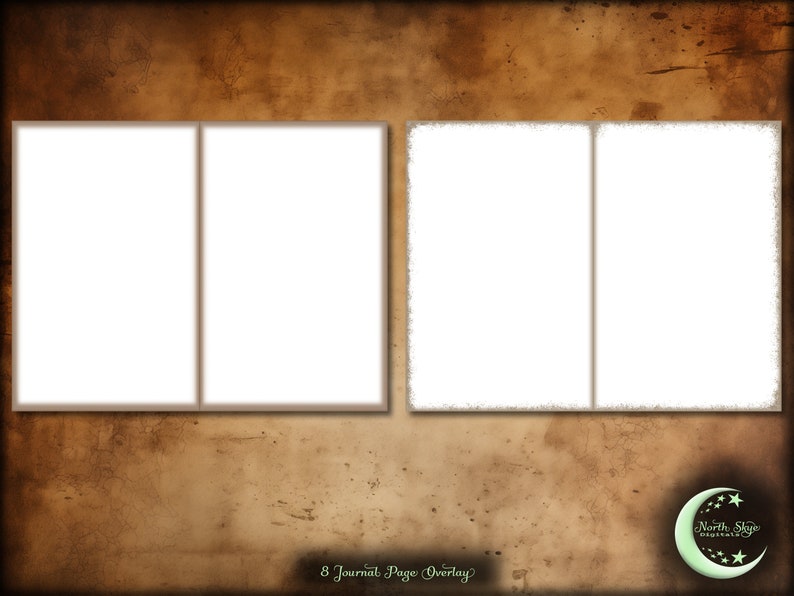 May include: Two sets of blank journal pages with a brown textured background. Each set has two pages, and the pages are separated by a thin white line. The text "8 Journal Page Overlay" is at the bottom of the image.