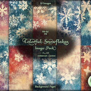 May include: A digital collage of 10 images featuring colorful, textured backgrounds with white snowflake designs. The text "Colorful Snowflakes Image Pack" is in the center of the collage.