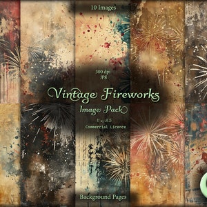 Può includere: Un pacchetto di carta digitale con 10 immagini vintage di fuochi d'artificio su uno sfondo strutturato. Le immagini sono a 300 dpi e misurano 11 x 8,5 pollici. Il pacchetto è per uso commerciale.