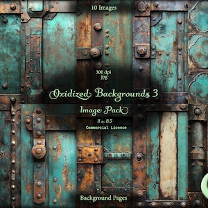 May include: A digital image pack of 10 oxidized metal backgrounds. The backgrounds are a mix of teal, brown, and rust colors. The images are 300 dpi and 11x8.5 inches. The image pack is for commercial use.