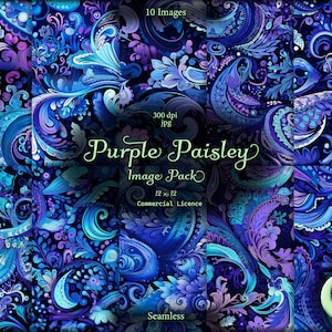 May include: A digital image pack with ten seamless purple paisley designs. The patterns feature intricate floral and swirling motifs in shades of blue, purple, and teal. The text "Purple Paisley Image Pack" is displayed, along with licensing information.