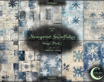 May include: A digital paper pack with 10 seamless images of blue and white snowflakes on a vintage newspaper background. The images are 12 inches by 12 inches and 300 dpi. The pack is for commercial use.