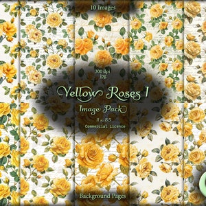 May include: A digital paper pack with 10 images of yellow roses on a white background with a handwritten script pattern. The images are 300 dpi and are 11 inches by 8.5 inches. The pack is for commercial use.