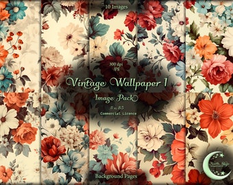 May include: A set of 10 digital vintage floral wallpaper backgrounds. The backgrounds feature a variety of flowers in shades of red, orange, white, blue, and green. The backgrounds are 300 dpi and are available in JPG format. The image pack includes a commercial license.