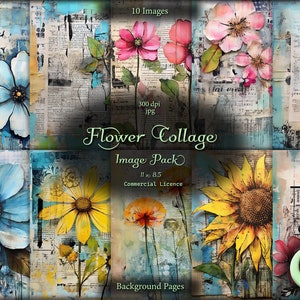 Colagem de flores, papel digital, papel desgastado, download instantâneo, uso comercial