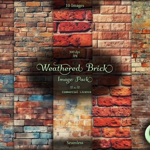 May include: A digital pack of 10 seamless weathered brick textures. Each image is 12 inches by 12 inches and 300 dpi. The images are in JPG format. The pack includes a commercial licence.